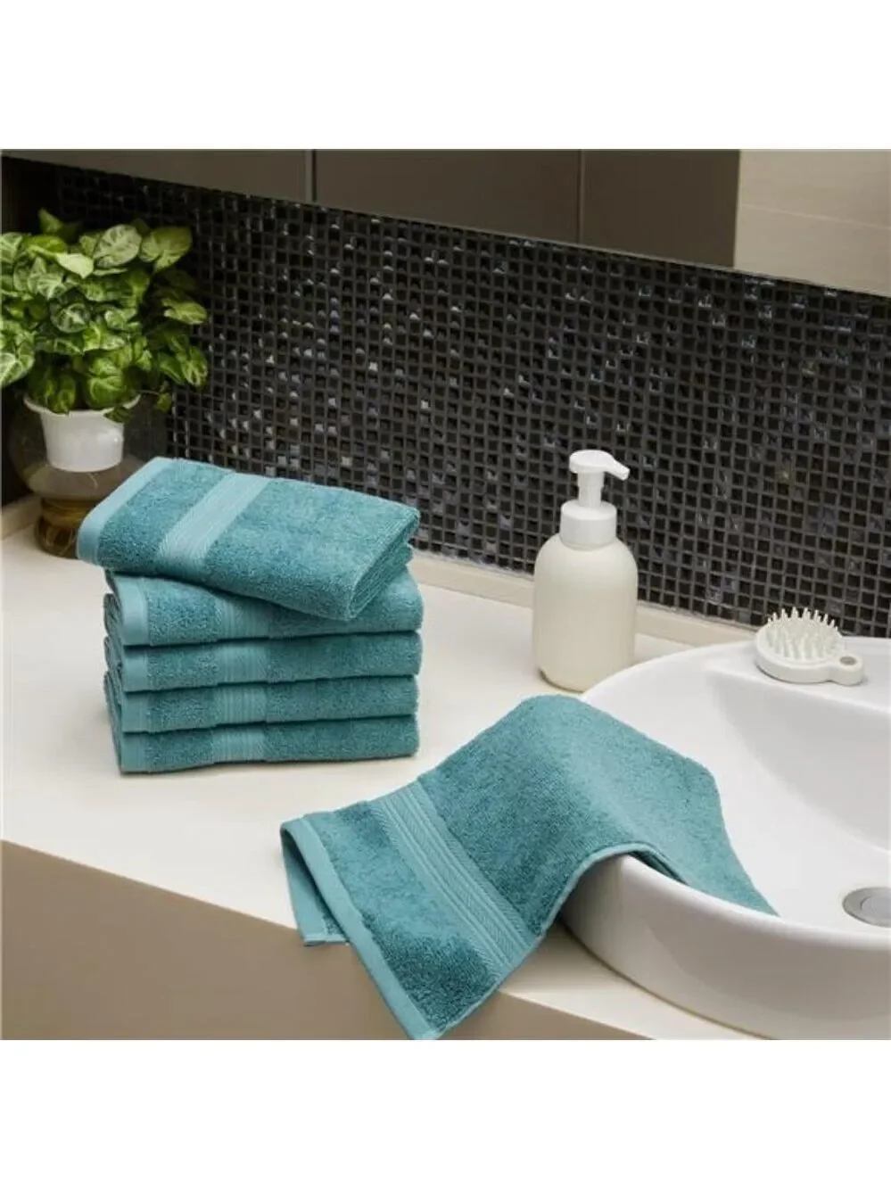 Cotton Hand Towels 6 Pack Fade Resistant Soft Absorbent Bath Kitchen Teal Green
